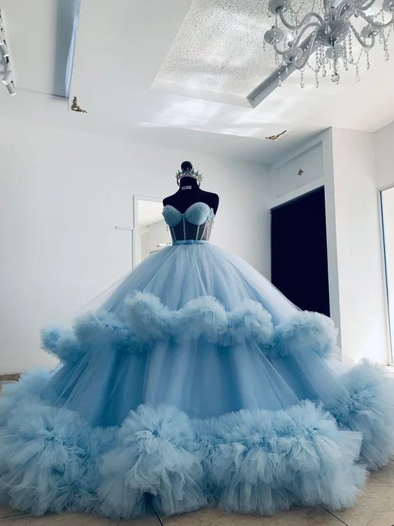 YEAR-End Clearance silk dressExtra Puffy Ball Dress Blue Ruffled Tulle Sweetheart Ball Gown Y4527
