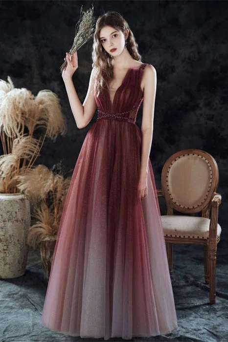 Weekend Deal lace-up dressOmbre Burgundy A-line Long Evening Dress