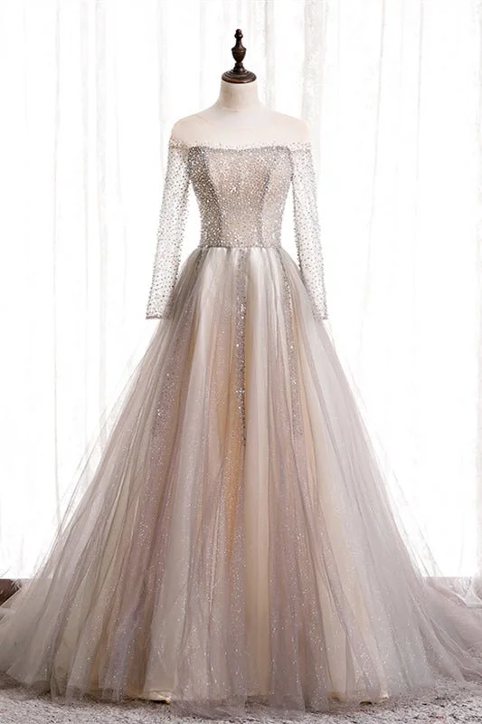 Stock Clearance chic wrap dressA-line Illusion Neck Long Sleeves Beaded Long Formal Dress