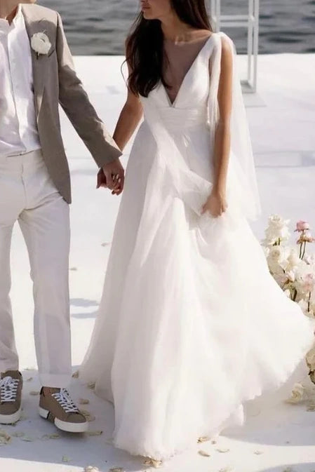 New Deals summer dressA-Line V-Neck Sleeveless Tulle Summer Wedding Dress