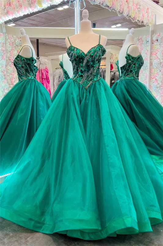 Crazy Savings sleek dressGreen Beaded Mirror-Cut Sequins Straps A-line Long Prom Dress