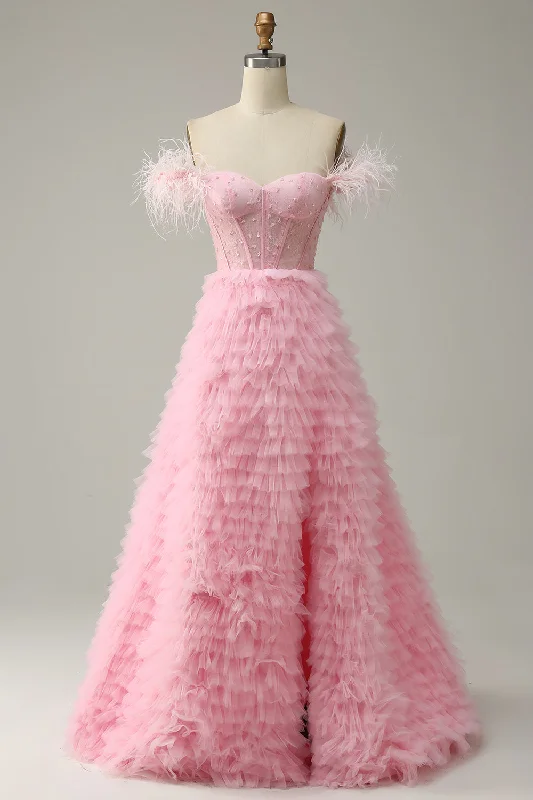 Unbeatable Prices playful dressPink Off-the-Shoulder Feathers Beaded A-line Ruffles Long Prom Dress with Slit