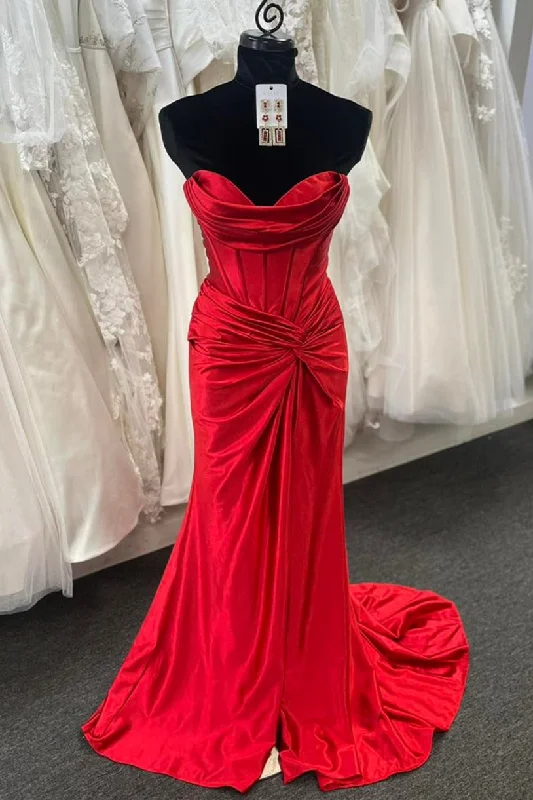 Special Offer vintage-inspired dressRed Strapless Mermaid Twisted Knot Satin Long Prom Dress with Slit