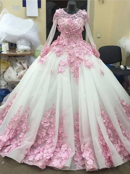 New Arrival Ball Gown Prom Dresses Long Sleeve Lace Pink Floral Luxury Long Prom Dress JKL508