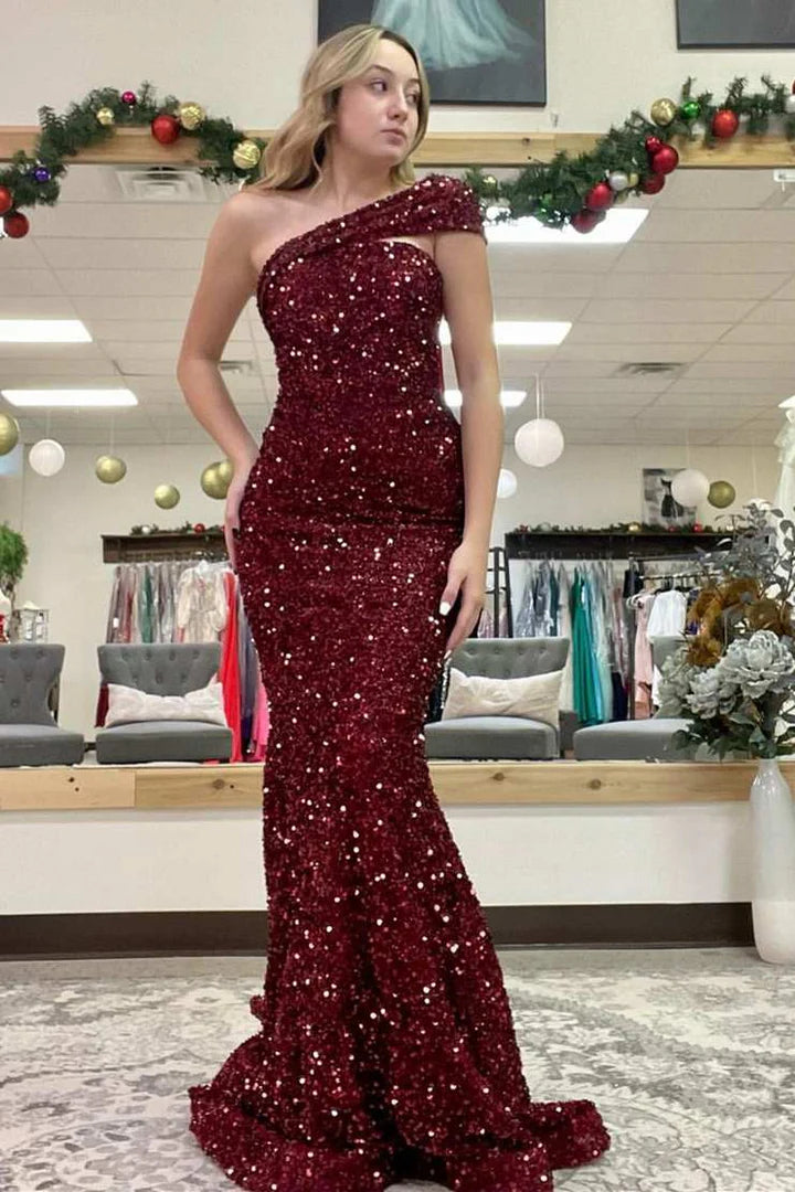 Year-End Clearance satin dressChic Sequins One Shoulder Sleeveless With Train Trumpet Prom Dress