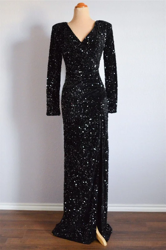 Year-End Clearance form-fitting dressBlack Mermaid Long Sleeves Sequins Long Formal Dress