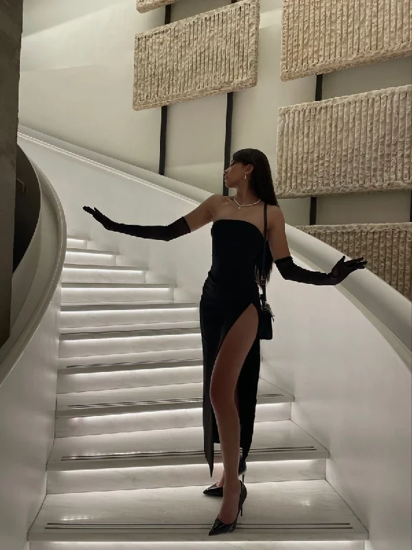 New Deals casual slip dressSexy Black Strapless Prom Dress With Side Split Y4535