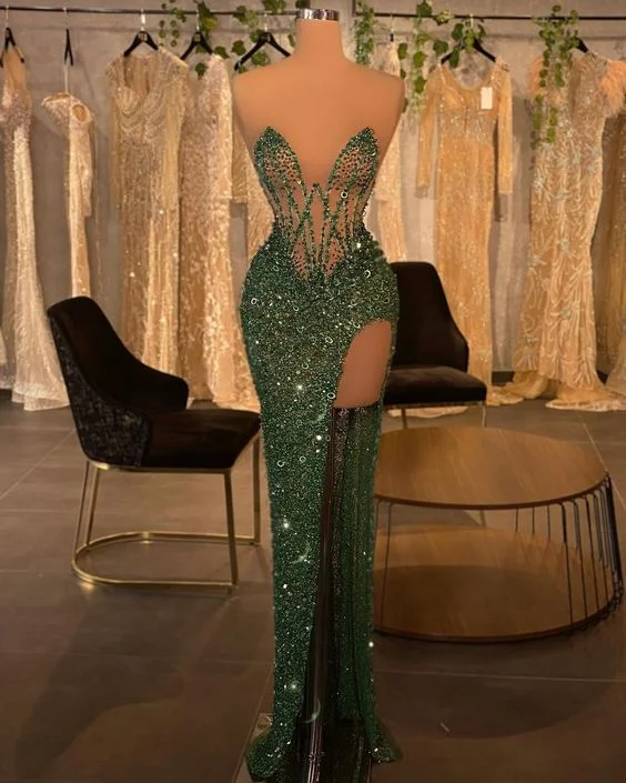 Buy More, Save More party-ready dressGreen Mermaid Prom Dress Hight Split Sequins Evening Dress Y177