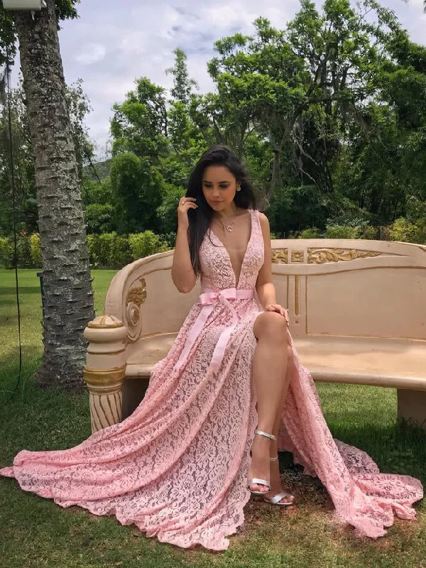 Major Savings Lace Prom Dresses with Straps Aline Pink Bowknot Floral Lace Slit Prom Dress JKL1568