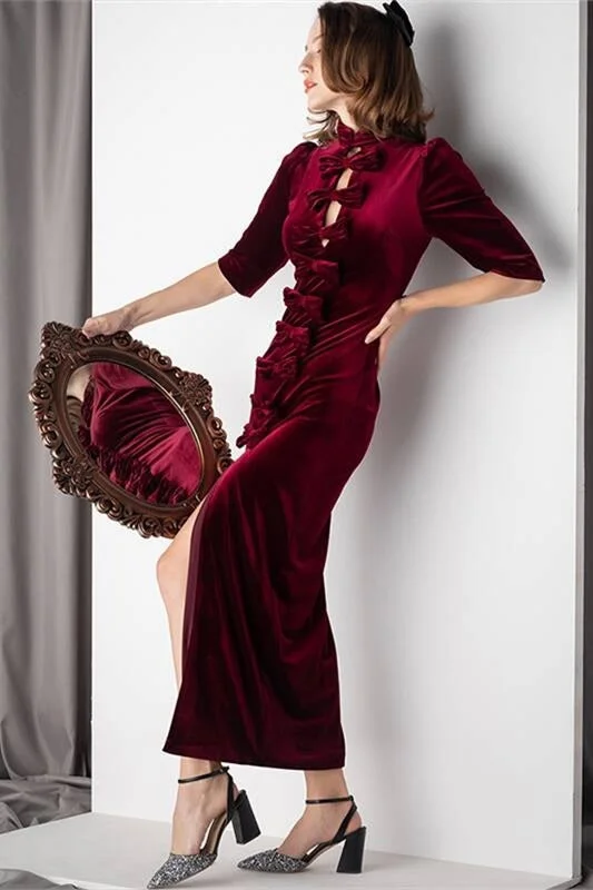 Best Bargains off-shoulder dressHalf Sleeves Burgundy Velvet Midi Dress