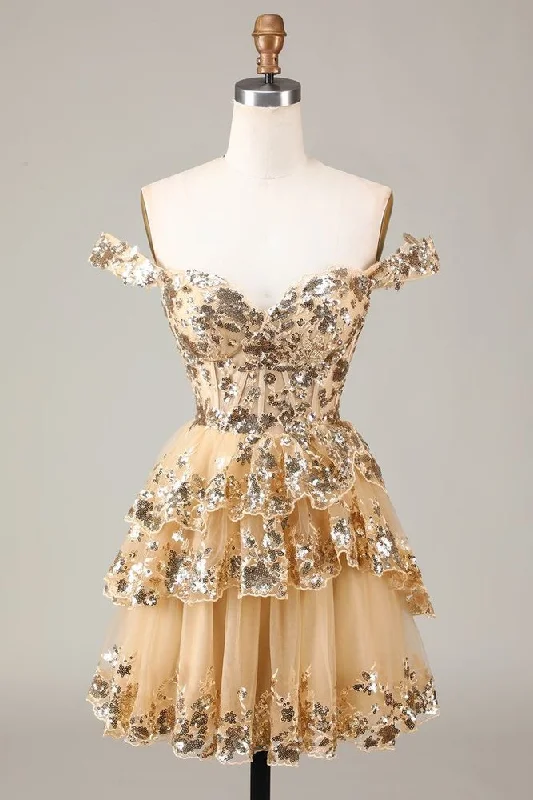Bargain Prices backless dressWomen Sparkly Golden Homecoming Dress Corset Tiered Cocktail Dress