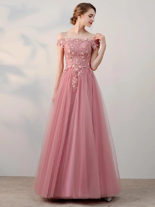YEAR-End Clearance Modest Prom Dresses Off-the-shoulder Appliques A-line Long Tulle Prom Dress JKL556