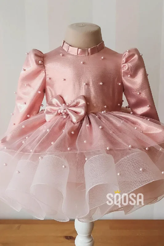 Crazy Savings casual dressUnique High Neckline Pearls Long Sleeves Pink Flower Girl Dress Cute First Communion Dress QF1013