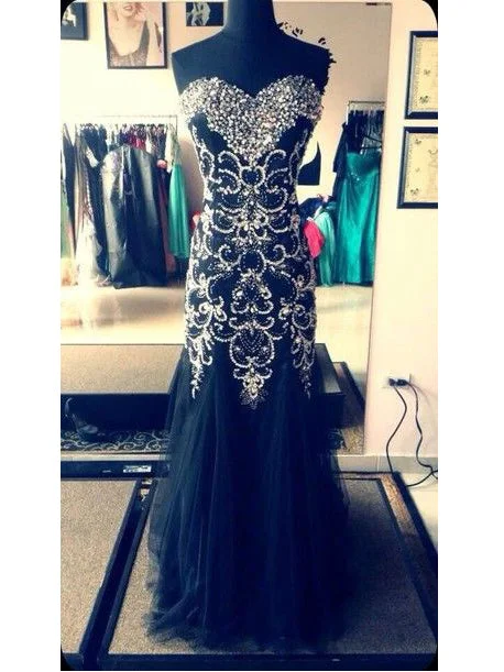 Closeout Black Prom Dresses Sheath Sweetheart Floor-length Rhinestone Long Prom Dress JKL532
