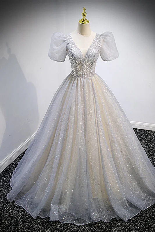 Today's Special t-shirt dressIvory V Neck Puff Sleeves Tulle Lace-Up Back Sequins Long Formal Dress