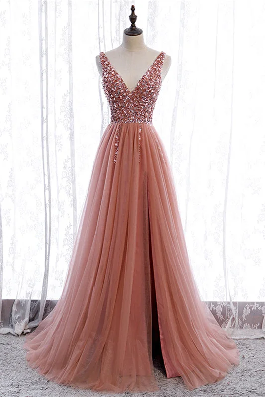 Amazing Deals spaghetti strap dressMai Tai A-line V Neck Sleeveless Sequins Tulle Maxi Formal Dress with Slit