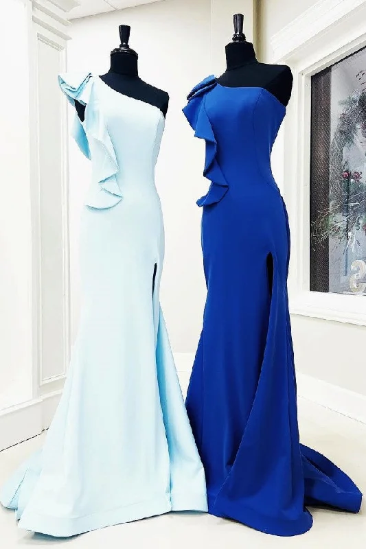 Closeout Sale floral dressOne Shoulder Light Blue Satin Ruffle Mermaid Prom Dress with Slit