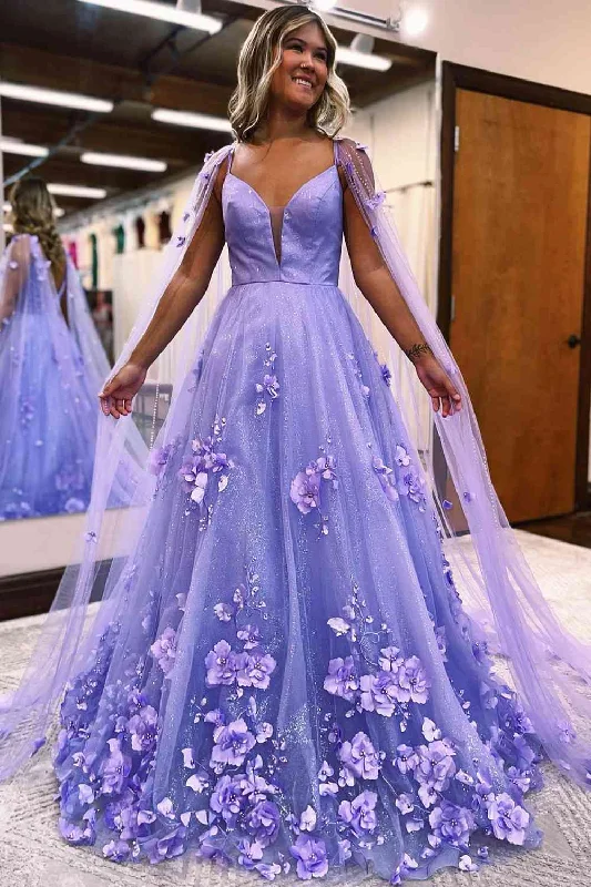 New Markdowns chic slip dressPrincess Lavender 3D Flowers Tulle Prom Dress with Cape Y4292 New Markdowns chic slip dressPrincess Lavender 3D Flowers Tulle Prom Dress with Cape Y4292