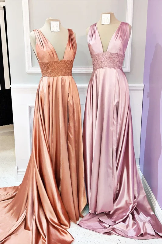 Inventory Reduction off-shoulder dressDusty Pink Floral V Neck A-line Satin Long Prom Dress