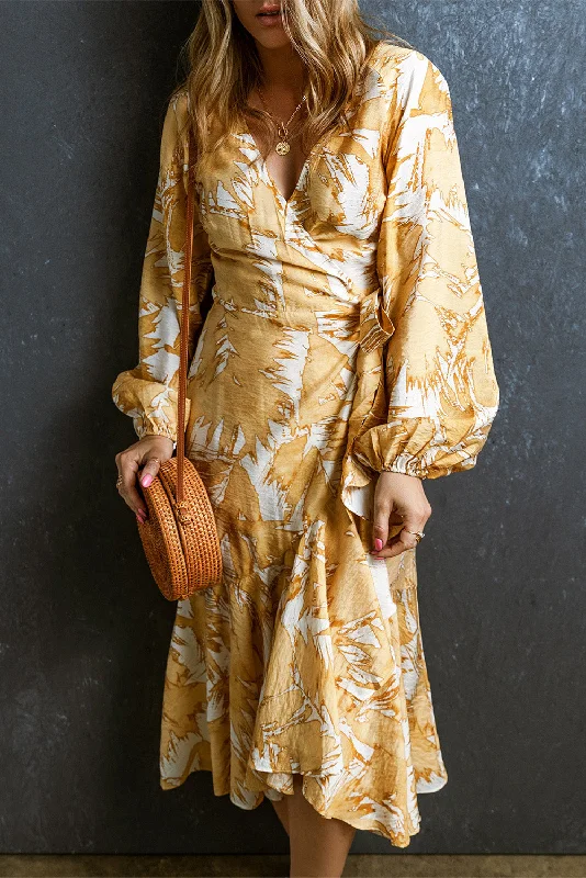 Limited Edition Yellow V Neck Wrap Lace up Bubble Sleeve Floral Dress