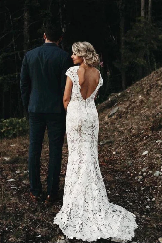 Act Now Cap sleeves Modern Backless Lace Ivory Court Train Beach Wedding Dress