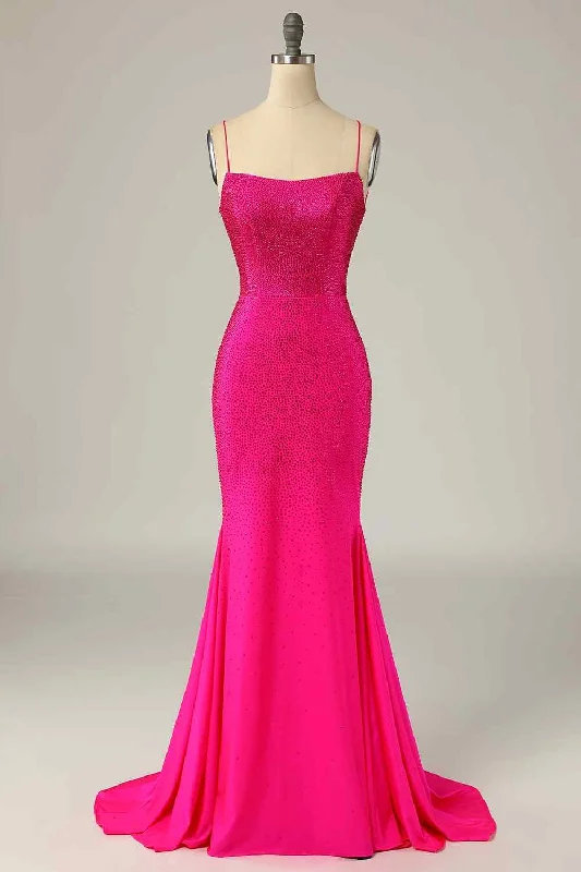 Reduced Prices summer dressFuchsia Mermaid Scoop Neck Satin Rhinestone Lace-Up Back Long Prom Dress