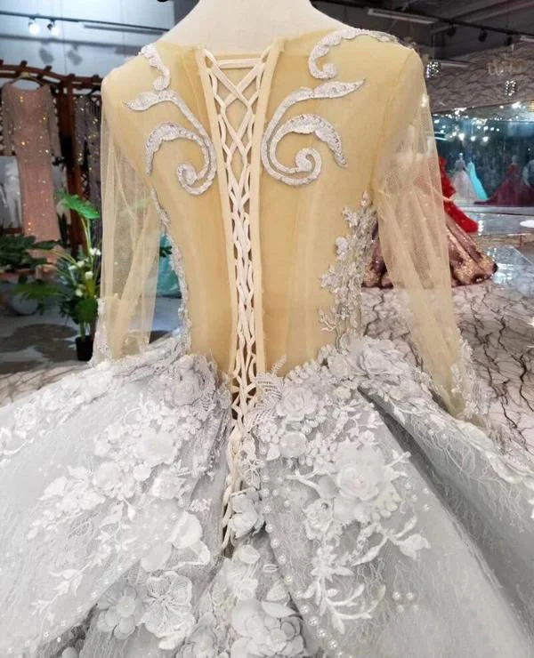 Deal Mania Gorgeous Lace Appliques Tulle Long Sleeves Monarch Train Ball Gown Wedding Dresses