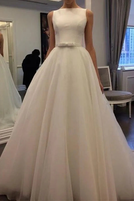 Price Smash modern dressScoop Sleeveless Open Back Two Tone A-Line Wedding Dress