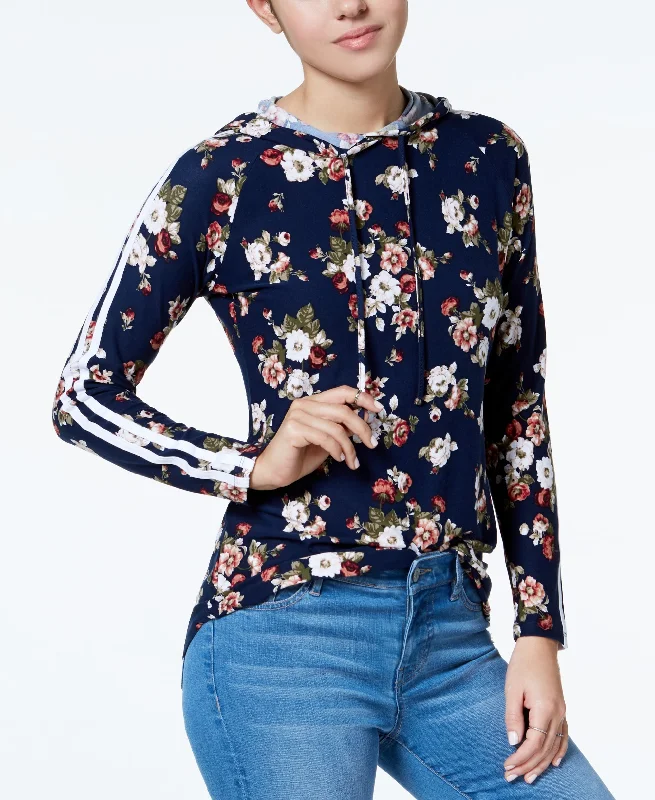 Bargain Bin stylish hoodiepremium gym hoodieUltra Flirt Juniors Floral Print Striped Trim Hoodie