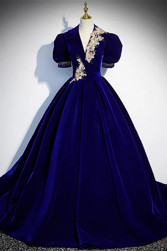 Special Savings cocktail party dressRoyal Blue V Neck Puff Sleeves Lace-Up Beaded Velvet Applique Long Formal Dress Special Savings cocktail party dressRoyal Blue V Neck Puff Sleeves Lace-Up Beaded Velvet Applique Long Formal Dress