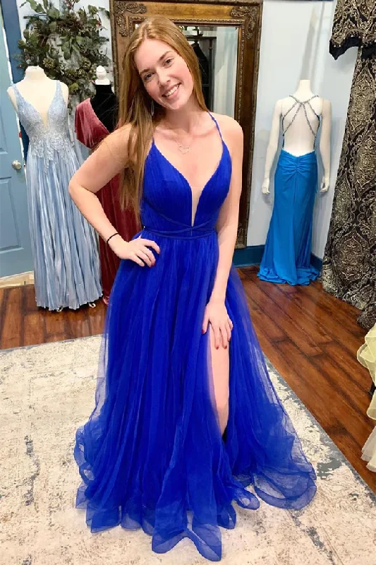 Clearance Sale sleeveless dressV Neck Backless Blue Tulle Long Prom Dress with High Slit, Backless Blue Formal Graduation Evening Dress Y218