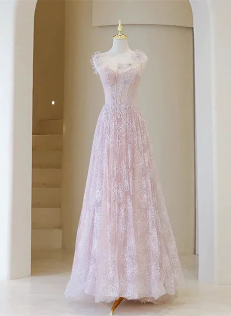 Mega Deal shift dressLight Pink Round Neckline Lace Long Prom Dress, A-line Pink Floor Length Party Dress Y4492