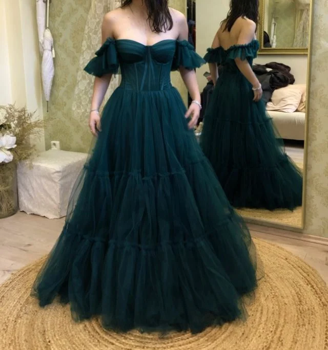 Limited Time sleeveless dressGreen Prom Dress Off The Shoulders Tulle Dress Y4469
