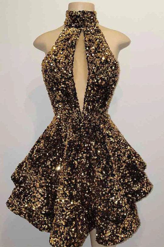 Price Break winter dressSexy A-Line High Neck Open Back Sequins Homecoming Dress