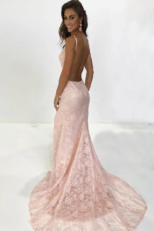 One-DAY Sale Amazing Pearl Pink Mermaid V Neck Lace Long Backless Prom Dresses GJS260