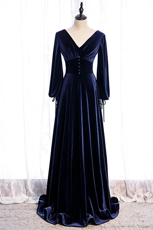 Huge Discounts boho dressDark Regency V Neck Long Sleeves Bow Tie Detail Velvet Long Formal Dress