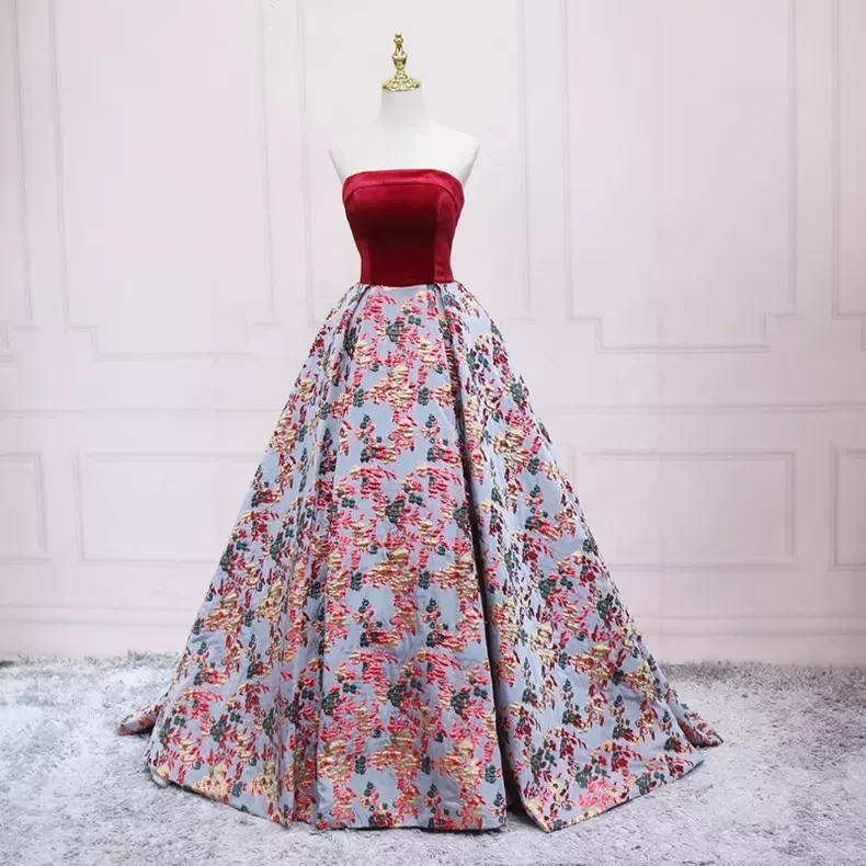 Shop and Save fitted dressStrapless Print Flowers Prom Dress Vintage Evening Dress s17