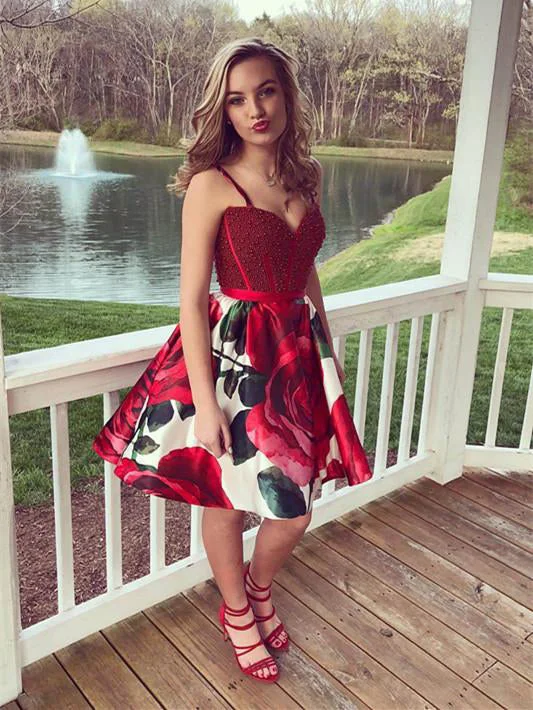 Final Markdown Floral Print Homecoming Dresses A Line Beading Burgundy Short Prom Dress Party Dress JK810