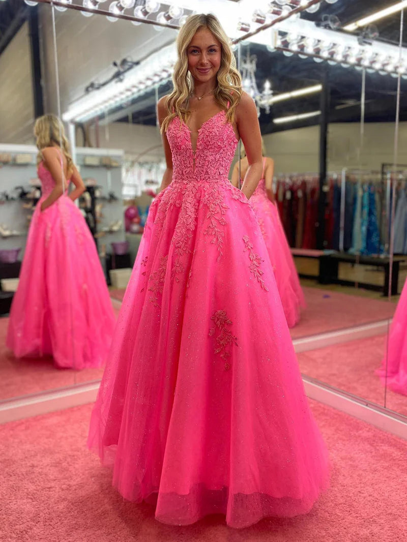 Daily Deals mini dressV-Neck Spaghetti Straps Appliques With Pockets Tulle Prom Dress