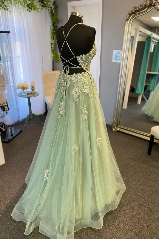 Deep Discounts summer floral dressStraps Sage Green Appliques A-line Long Prom Dress Y4463