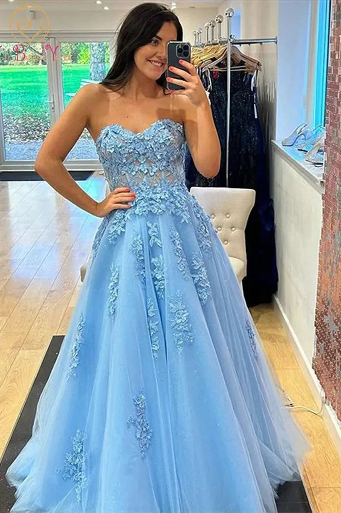 Don't Wait chic slip dressTulle A-Line Sweetheart Strapless Appliques Sexy Prom Dress
