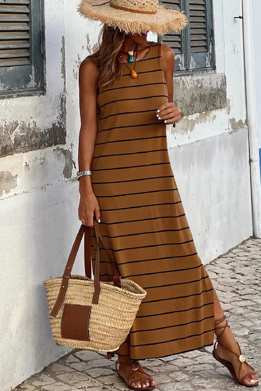 Amazing Deals Brown Stripe Print Open Back Sleeveless Maxi Dress with Slits