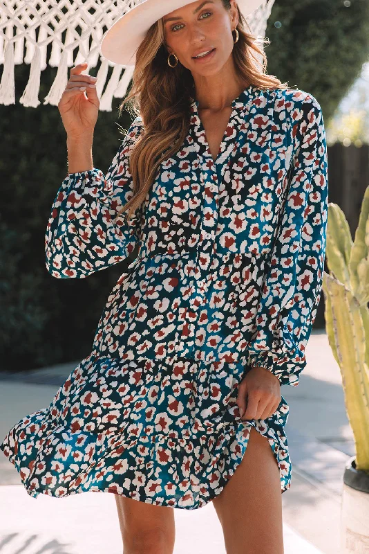 Warehouse Sale Blue Leopard Print Bubble Sleeve Ruffled Shirt Dress