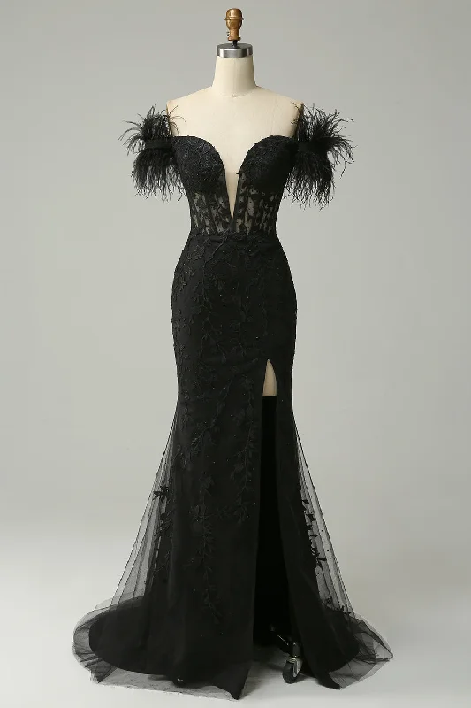 Discount Mania wrap-around dressBlack Plunging Off-the-Shoulder Feathers Mermaid Long Prom Dress with Slit