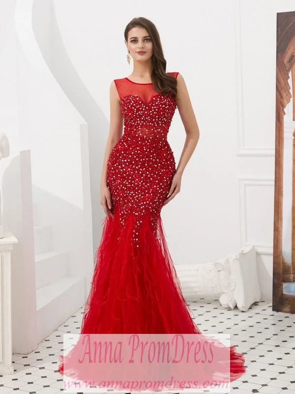 Best Seller Red Prom Dresses Scoop Trumpet Mermaid Plume Beaded Long Open Back Prom Dress JKL1605