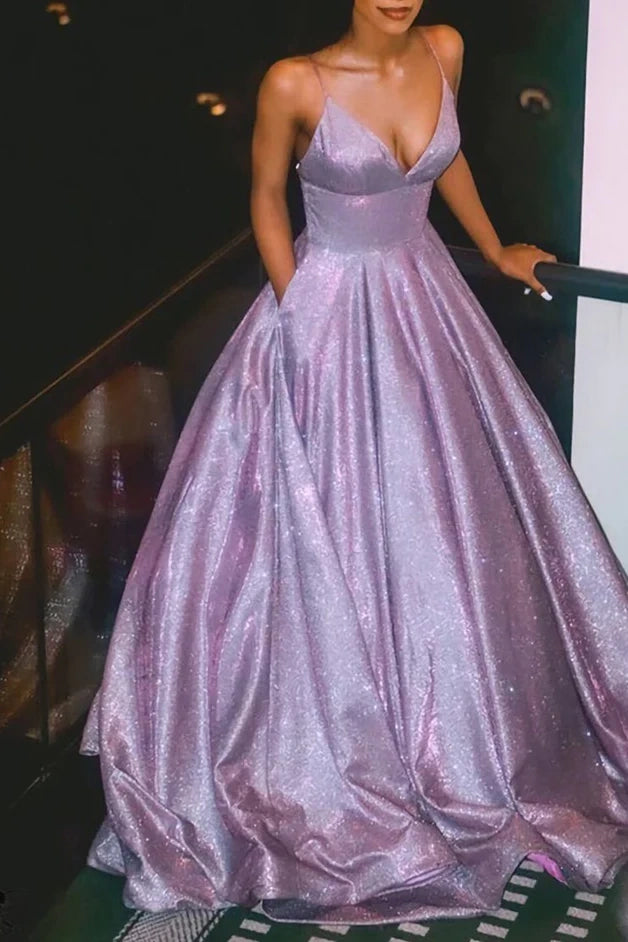 Fantastic Offers velvet dressGlitter Satin A-Line V-Neck Spaghetti Straps Party Prom Dress