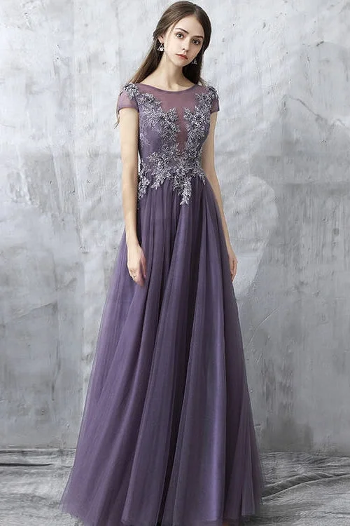 Exclusive Online Offer formal dressPurple Tulle Long Evening Dress with Cap Sleeves