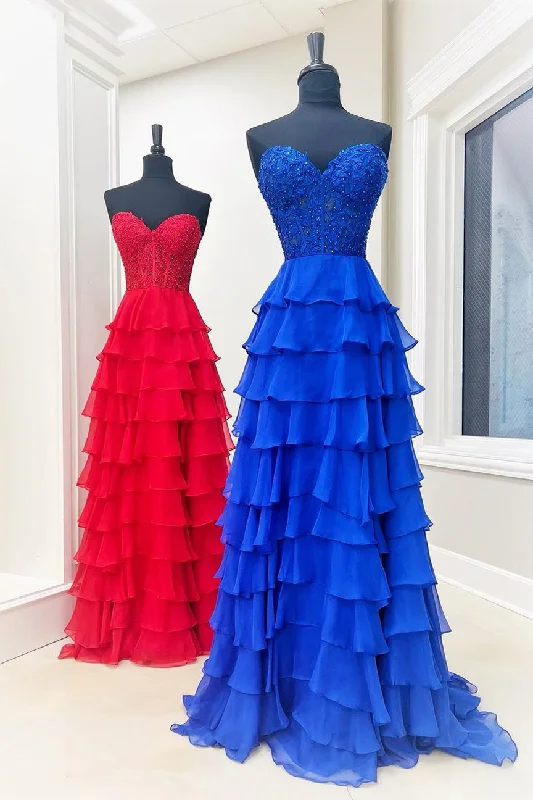 Don't Wait casual evening dressRoyal Blue Appliques Strapless A-line Layers Long Prom Dress