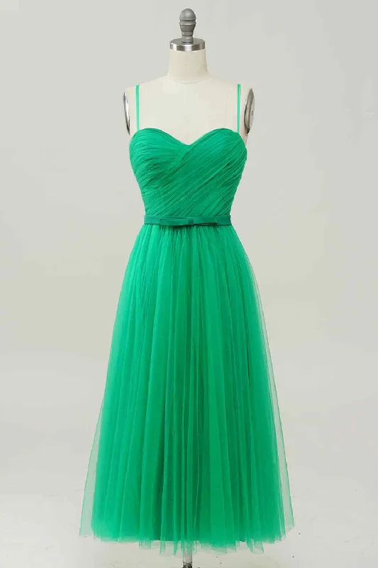 Deal Dash structured dressGreen A-line Sweetheart Neck Tulle Pleated Knee Length Prom Dress