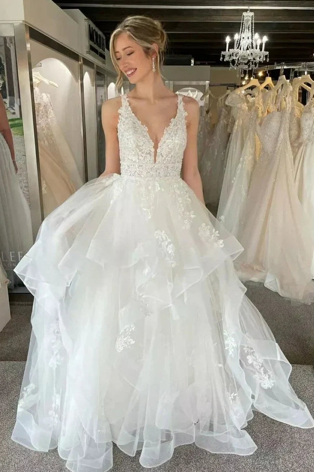 Mega Sale backless dressV-Neck Sleeveless Open Back Tulle A-Line Wedding Dress